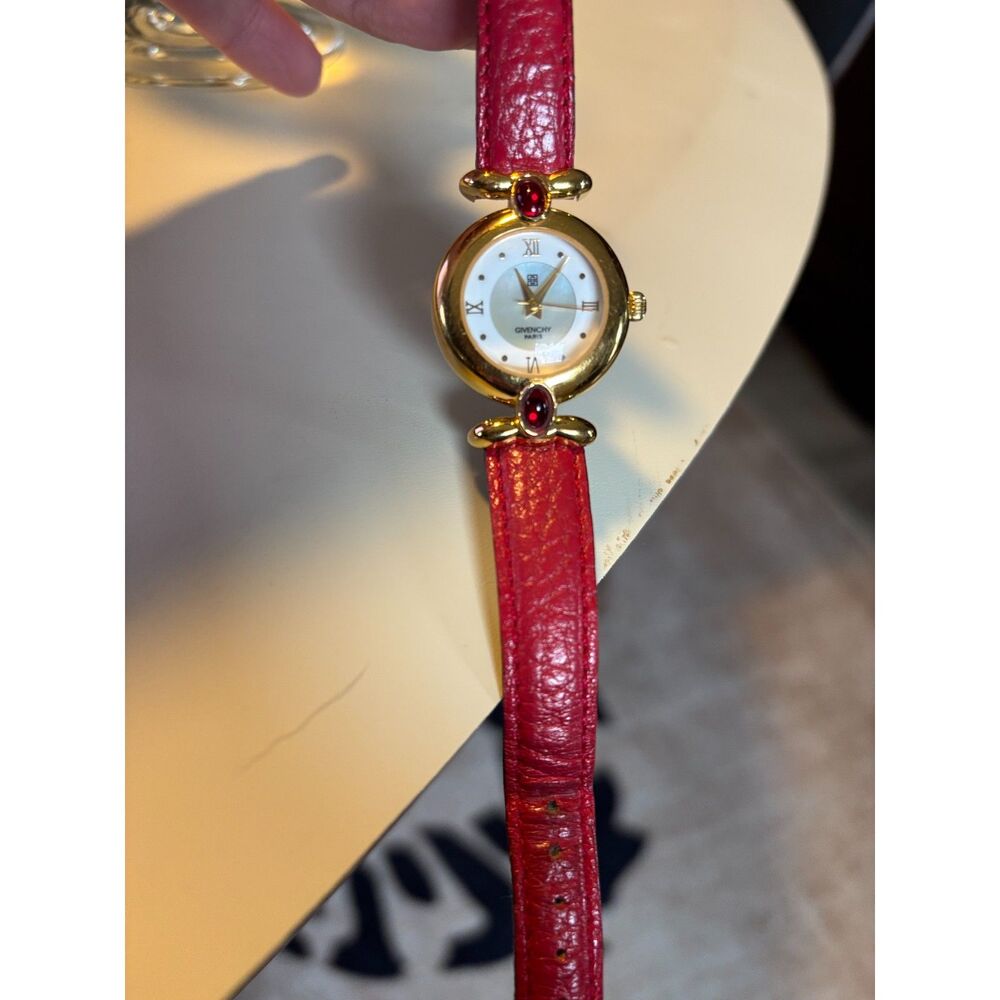 Vintage Givenchy Gold Tone Casing with Ruby Colored Gemstones Accent Watch - Picture 6 of 8